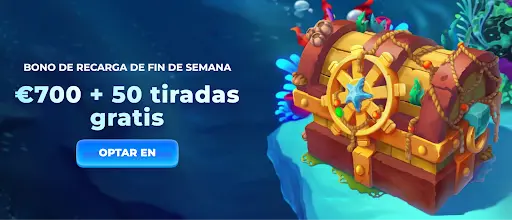 Oferta especial de recarga en Posido Casino con diseño de cofre submarino Cofre del tesoro en fondo marino junto a promoción de recarga de fin de semana en Posido Casino
