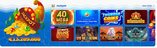 Sección de juegos con jackpot y tragamonedas populares en Posido Casino Ilustración de jackpot con cuerno de la abundancia y juegos de casino como 40 Mega Hotfire, Thunder Coins y Majestic King en pantalla