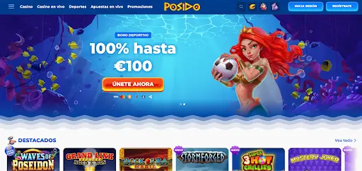 Oferta de Posido Casino España – Promoción deportiva bajo el mar Promoción de Posido Casino con personaje submarino y oferta del 100% hasta €100