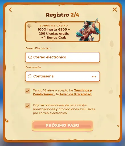 Registro en Posido Casino – Introduce tu correo y contraseña para continuar Formulario de registro en Posido Casino – paso 2 de 4 con oferta destacada