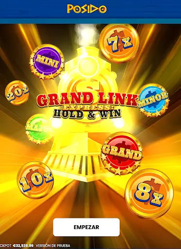 Juego Grand Link Express: Hold & Win con premios MINI, MINOR, MAJOR y GRAND Pantalla de inicio de la tragaperras Grand Link Express: Hold & Win con multiplicadores y niveles de premio