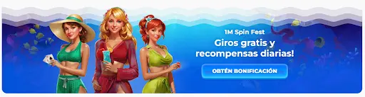 Promoción 1M Spin Fest: Giros gratis y bonificación diaria en Posido Casino Tres personajes femeninos en traje de verano promocionan el evento 1M Spin Fest con giros gratis y recompensas diarias